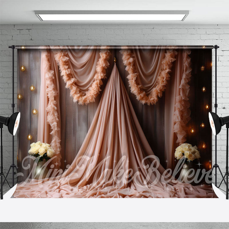 Aperturee - Wooden Wall Pink Gauze White Rose Floral Backdrop