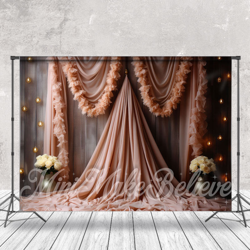 Aperturee - Wooden Wall Pink Gauze White Rose Floral Backdrop