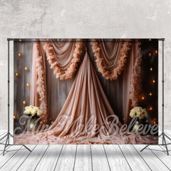 Aperturee - Wooden Wall Pink Gauze White Rose Floral Backdrop