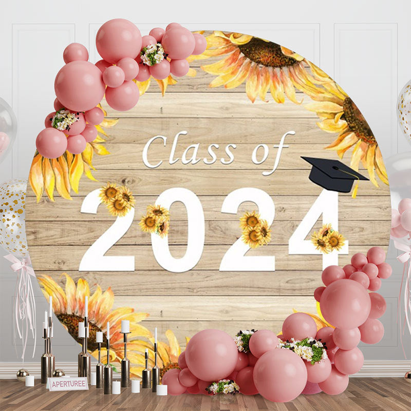 Aperturee - Wooden Wall Sunflowers Round Graduation Backdrop