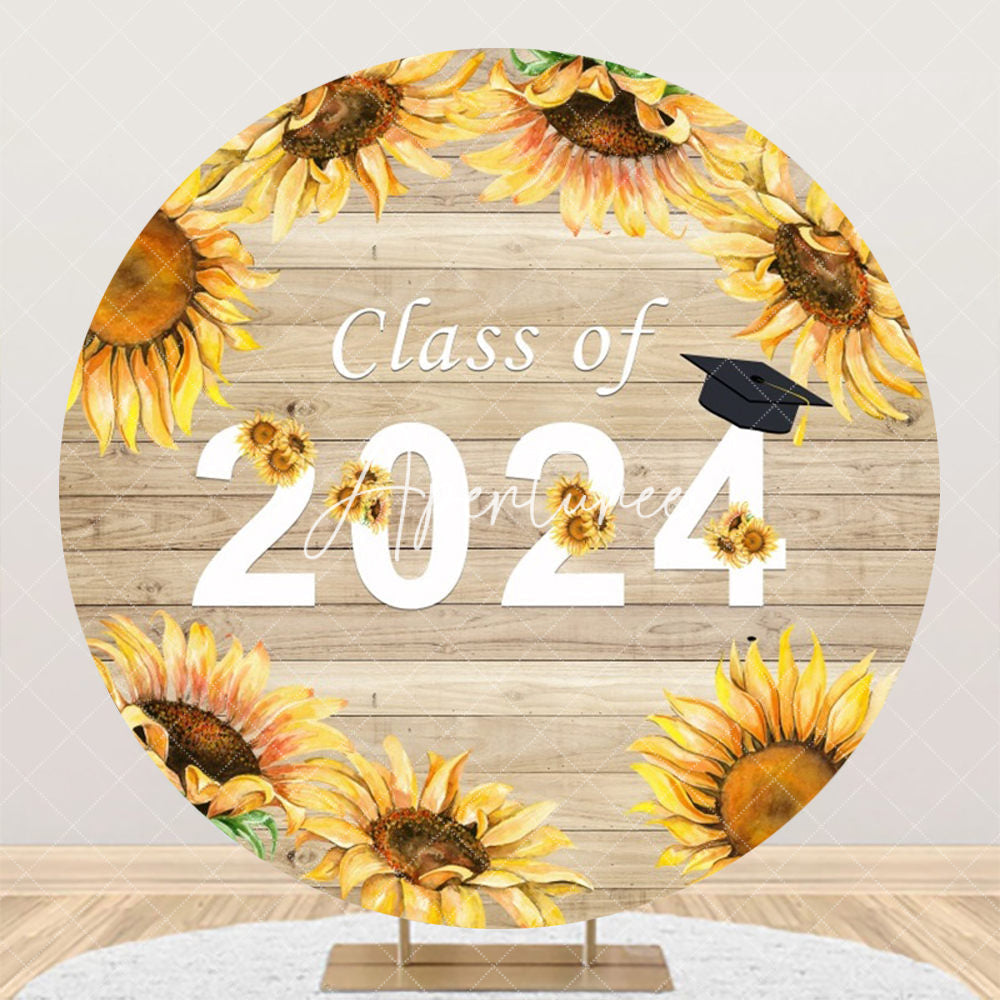 Aperturee - Wooden Wall Sunflowers Round Graduation Backdrop