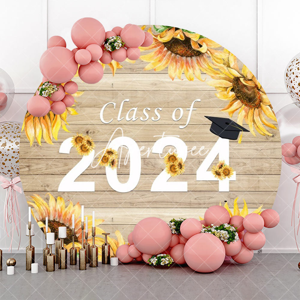 Aperturee - Wooden Wall Sunflowers Round Graduation Backdrop