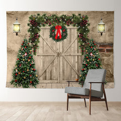 Aperturee - Wooden Wreath With Trees Christmas Night Backdrop