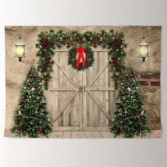 Aperturee - Wooden Wreath With Trees Christmas Night Backdrop