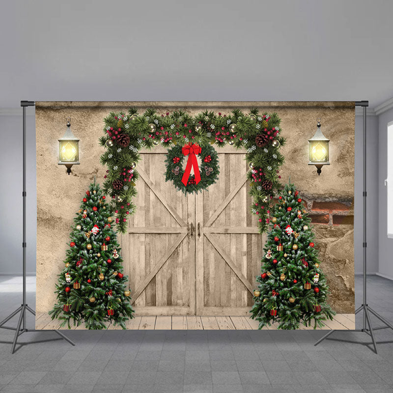 Aperturee - Wooden Wreath With Trees Christmas Night Backdrop