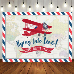 Aperturee - World Map Red Airplane Happy 2nd Birthday Backdrop