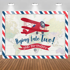 Aperturee - World Map Red Airplane Happy 2nd Birthday Backdrop