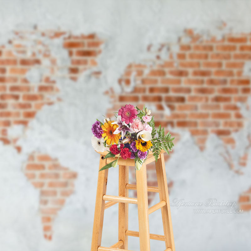 Aperturee - World Map White Red Brick Wall Photoshoot Backdrop