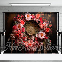 Aperturee - Woven Pink And Red Floral Wreath Backdrop For Photo