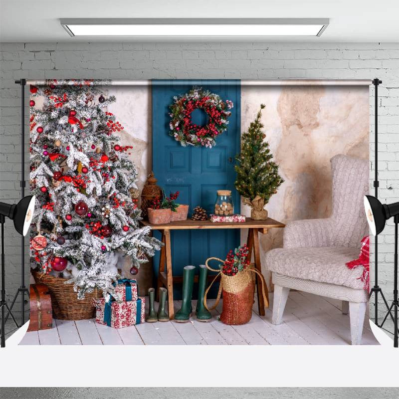 Aperturee - Wreath Blue Door Christmas Tree Photography Backdrop