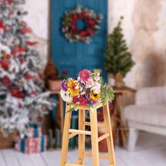 Aperturee - Wreath Blue Door Christmas Tree Photography Backdrop