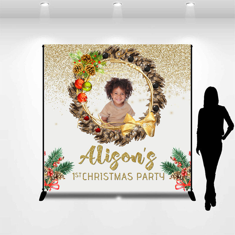 Aperturee - Wreath Gold Custom Photo 1st Christmas Backdrop