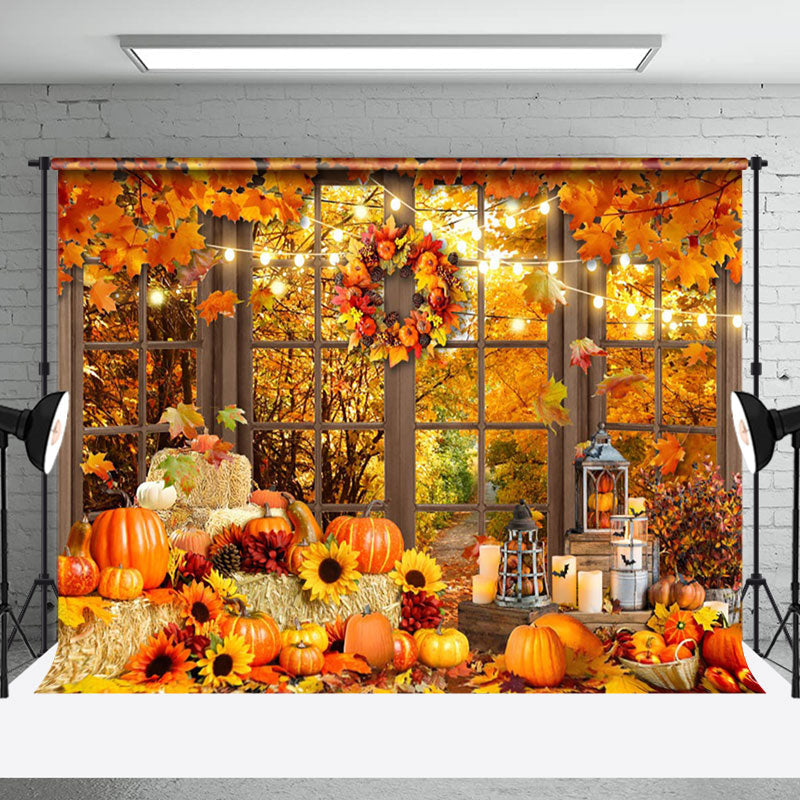 Aperturee - Wreath Pumpkin Window Autumn Photography Backdrop