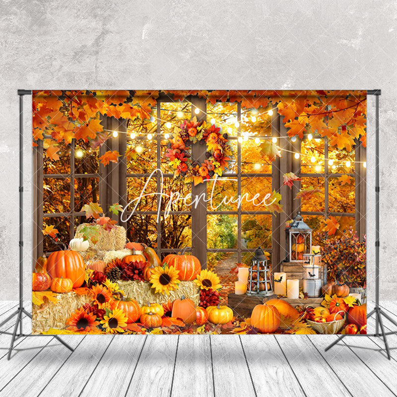 Aperturee - Wreath Pumpkin Window Autumn Photography Backdrop