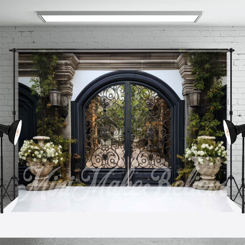 Aperturee - Wrought Iron Door Flowers Castle Outdoor Backdrop