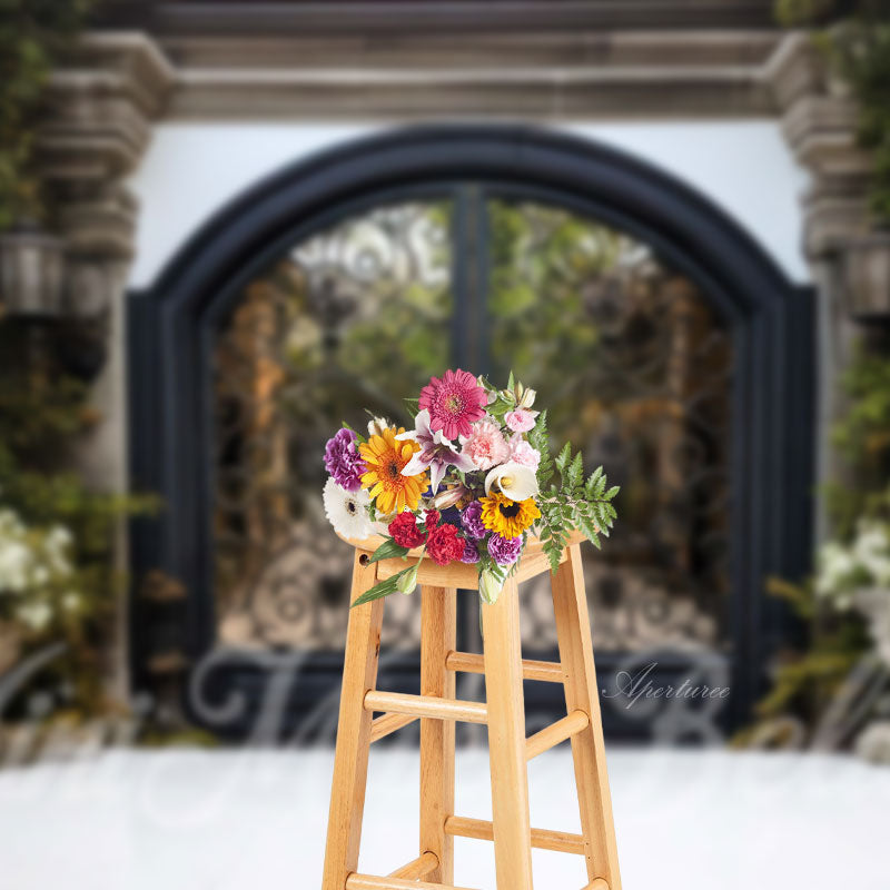 Aperturee - Wrought Iron Door Flowers Castle Outdoor Backdrop