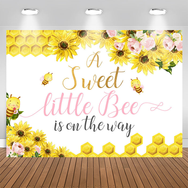 Aperturee - Yellow And Pink Flowers Bee Theme Baby Shower Backdrop