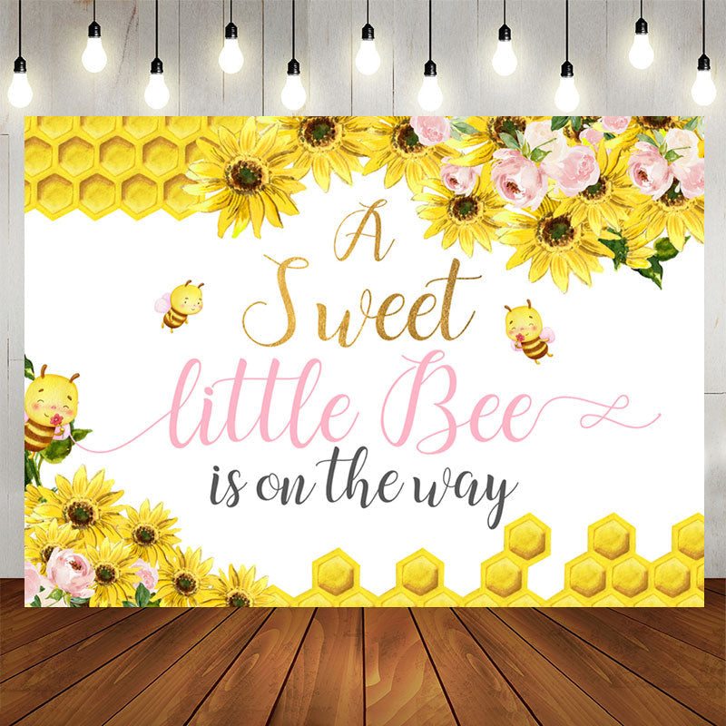 Aperturee - Yellow And Pink Flowers Bee Theme Baby Shower Backdrop