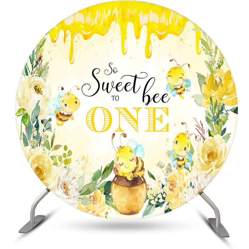 Aperturee - Yellow Creamy Bee Floral Round 1st Birthday Backdrop