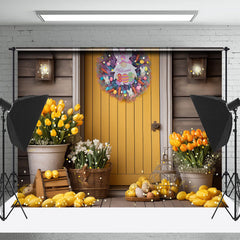 Aperturee - Yellow Door Floral Rabbit Wreath Easter Backdrop