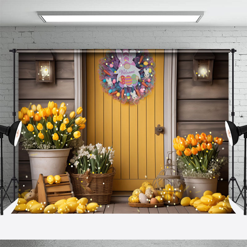 Aperturee - Yellow Door Floral Rabbit Wreath Easter Backdrop