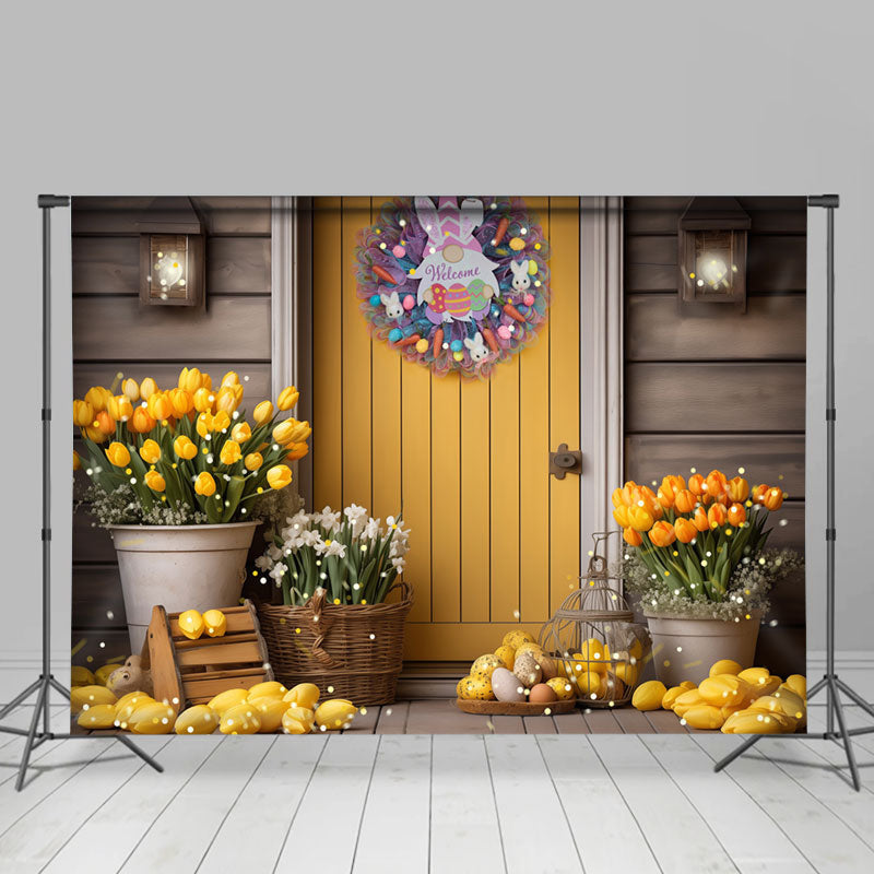 Aperturee - Yellow Door Floral Rabbit Wreath Easter Backdrop