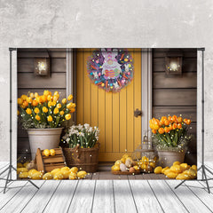 Aperturee - Yellow Door Floral Rabbit Wreath Easter Backdrop