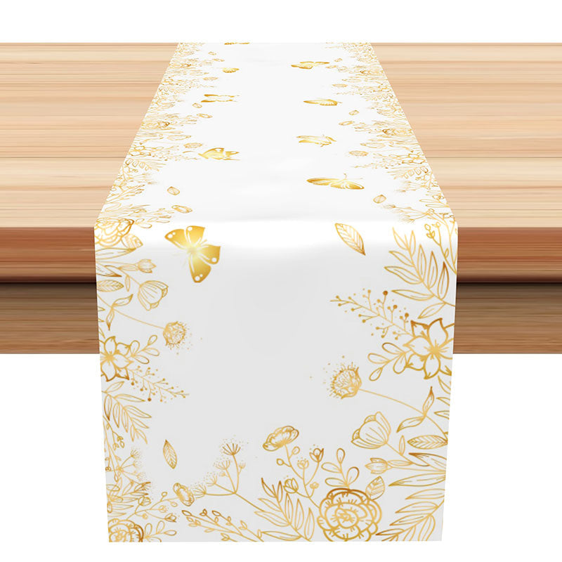 Aperturee - Yellow Floral Leaves Butterfly Farbic Table Runner