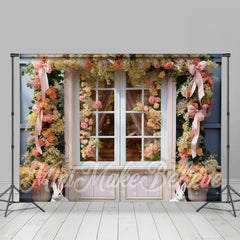 Aperturee - Yellow Flower Pink Bow Tie Wood Door Easter Backdrop