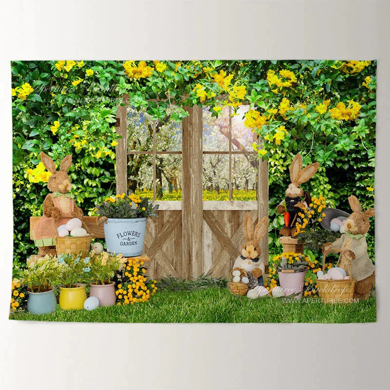 Aperturee - Yellow Flower Spring Yard Bunny Easter Day Backdrop