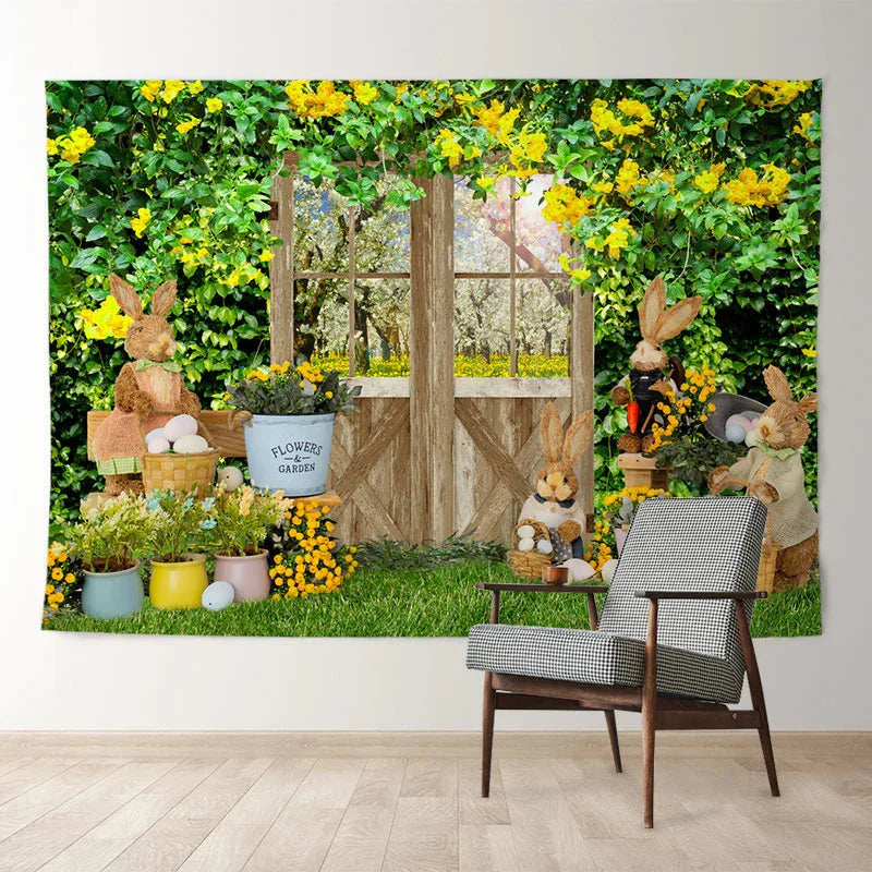 Aperturee - Yellow Flower Spring Yard Bunny Easter Day Backdrop