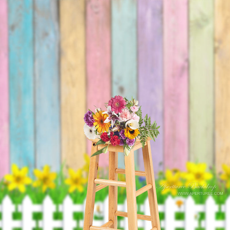 Aperturee - Yellow Flowers Rainbow Wooden Backdrop For Photo