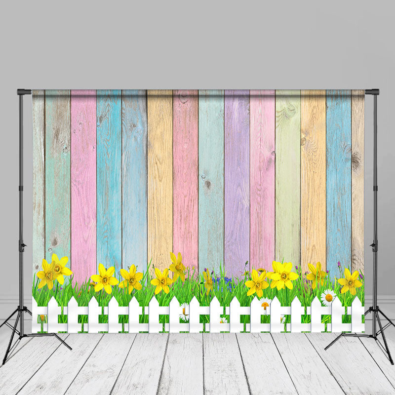 Aperturee - Yellow Flowers Rainbow Wooden Backdrop For Photo