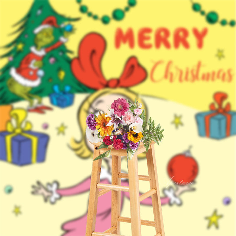 Aperturee - Yellow Girl Monster Tree Merry Christmas Backdrop