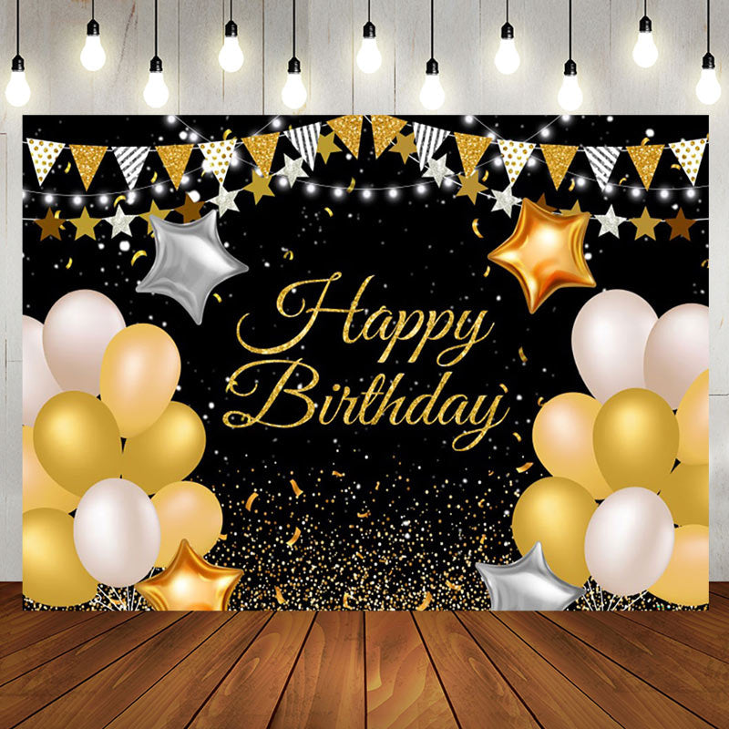 Aperturee - Yellow Glitter Star Balloons Happy Birthday Backdrop