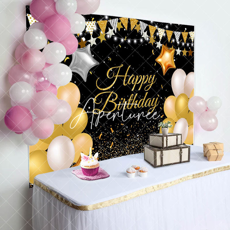 Aperturee - Yellow Glitter Star Balloons Happy Birthday Backdrop