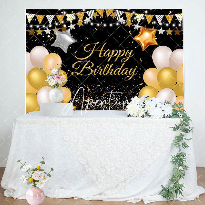 Aperturee - Yellow Glitter Star Balloons Happy Birthday Backdrop