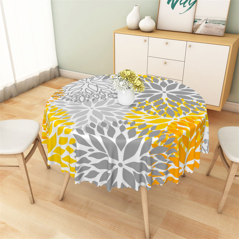 Aperturee - Yellow Grey Orange Blooming Flowers Round Tablecloth