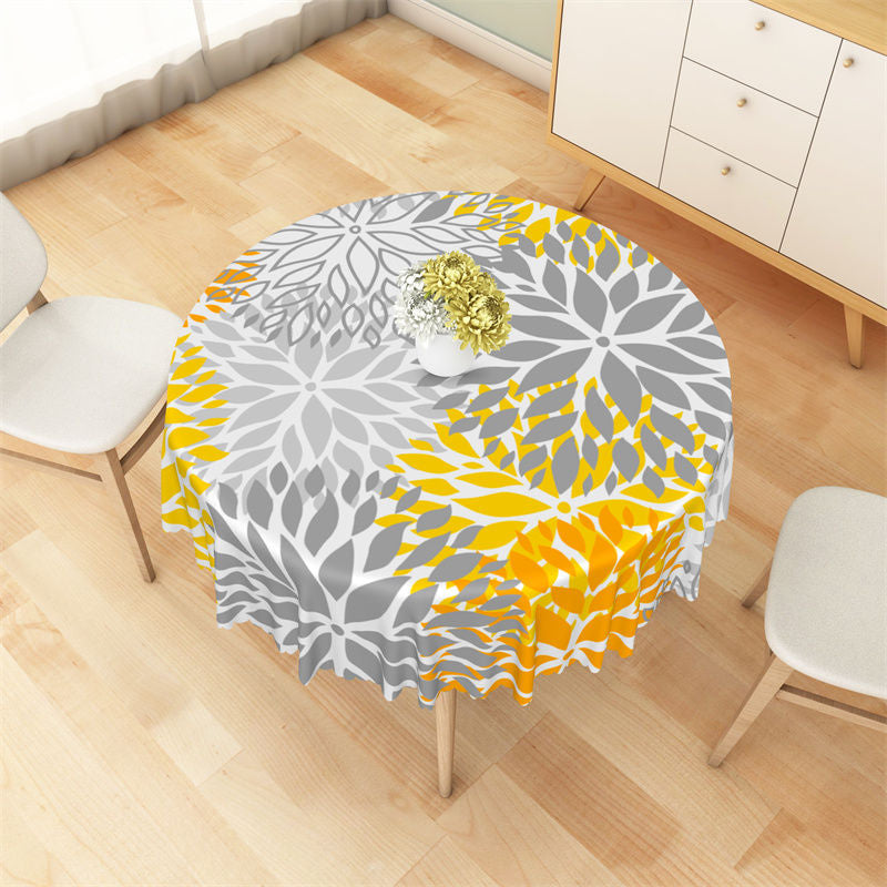 Aperturee - Yellow Grey Orange Blooming Flowers Round Tablecloth