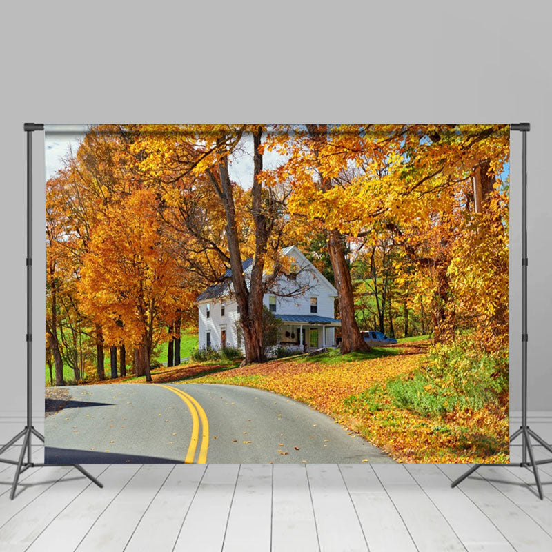 Aperturee - Yellow Leaves Forest Highway House Autumn Backdrop