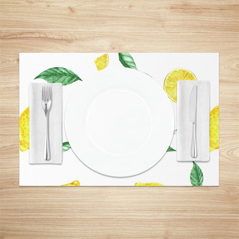 Aperturee - Yellow Lemon Green Leaf White Set Of 4 Placemats