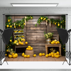 Aperturee - Yellow Lemons Green Plant Wood Board Autumn Backdrop