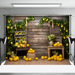 Aperturee - Yellow Lemons Green Plant Wood Board Autumn Backdrop