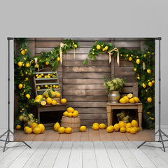 Aperturee - Yellow Lemons Green Plant Wood Board Autumn Backdrop