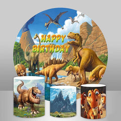 Aperturee Yellow Montain Dinosaur Themed Circle Birthday Backdrop