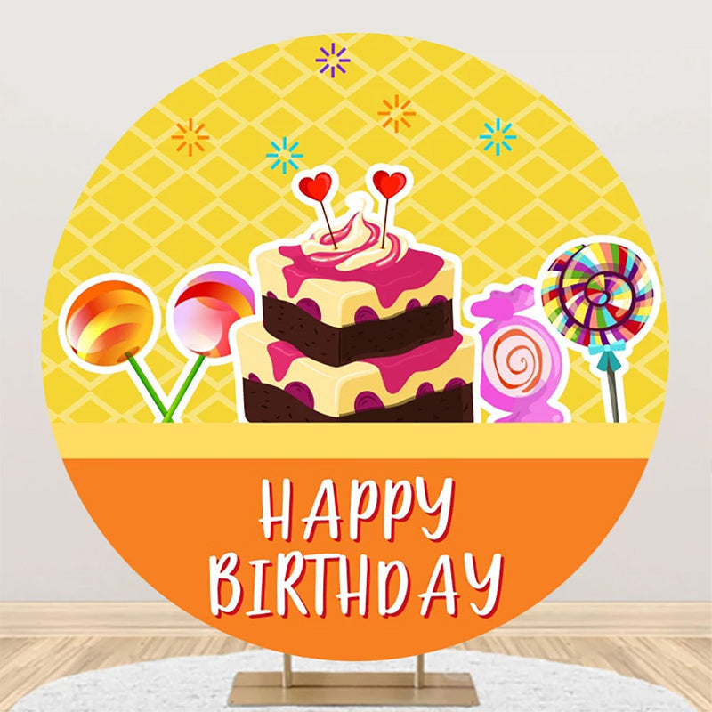 Aperturee - Yellow Orange Candyland Cake Round Birthday Backdrop