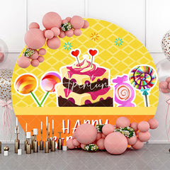 Aperturee - Yellow Orange Candyland Cake Round Birthday Backdrop