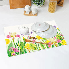 Aperturee - Yellow Pink Floral Green Leaves Set Of 4 Placemats