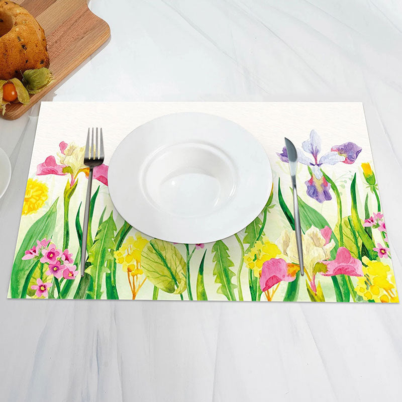 Aperturee - Yellow Pink Floral Green Leaves Set Of 4 Placemats