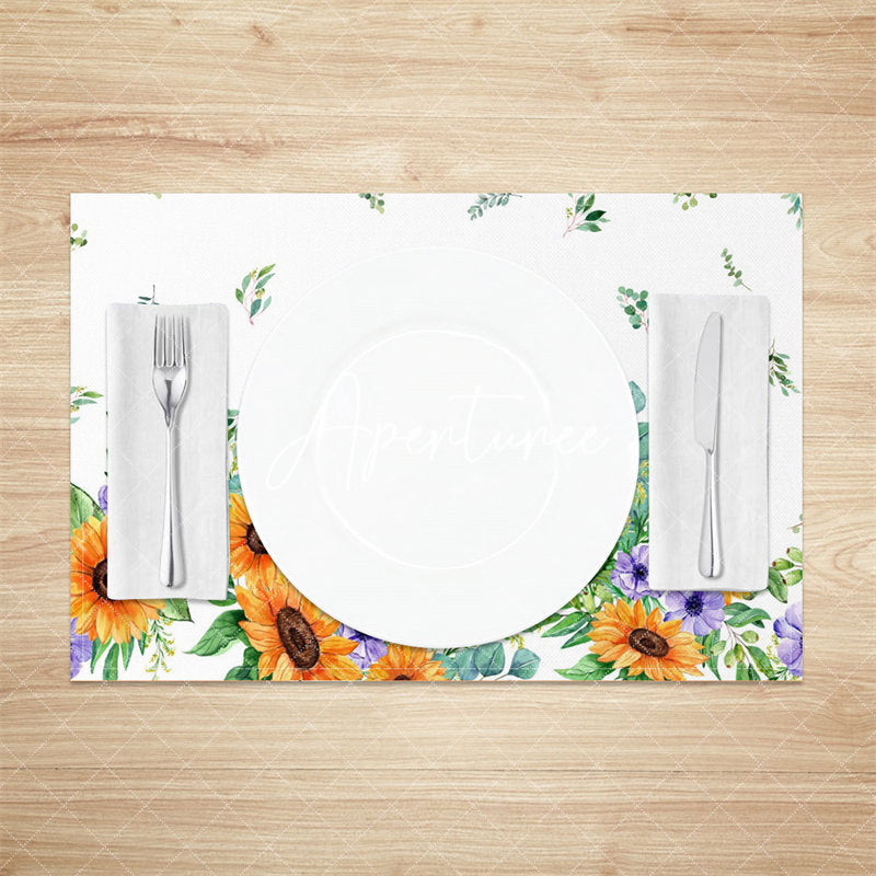 Aperturee - Yellow Purple Floral Leaf Dining Set Of 4 Placemats